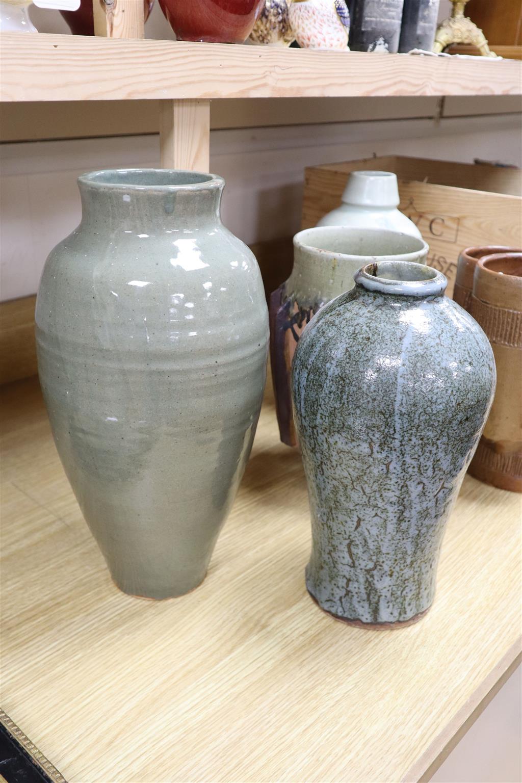 Five pottery studio vases by Andrew Rudebeck, tallest 38cm